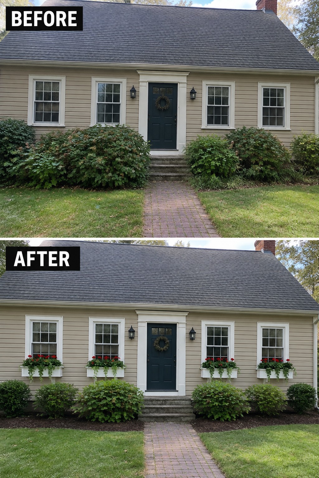 Before and after of beige house with new white flower boxes under windows.