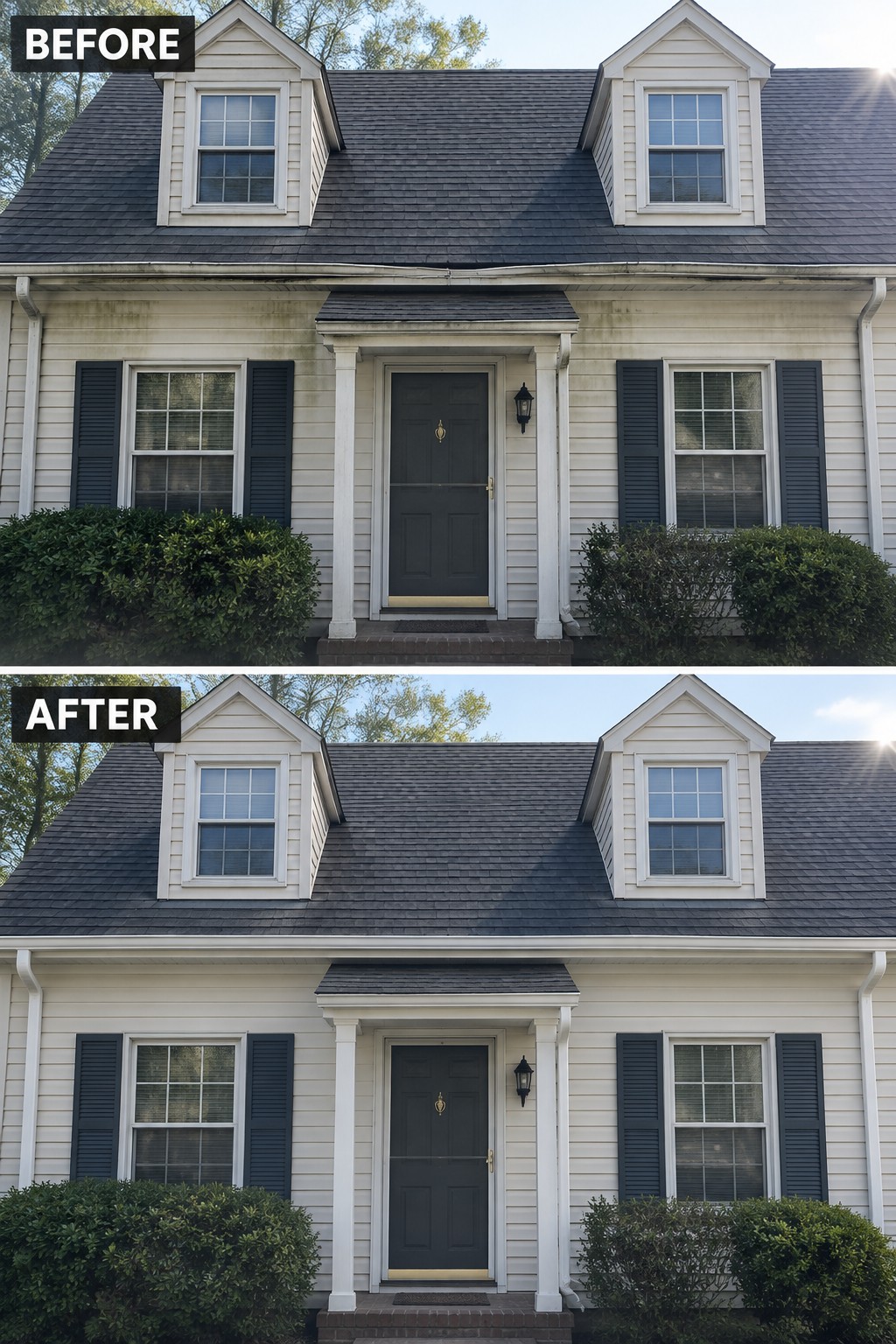 Before and after comparison of two-story house with cleaned white siding and dark shutters.