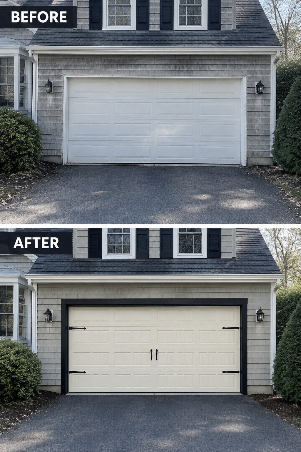 Before-and-after image of a Cape Cod house exterior with a plain white garage door updated to a cream door with a black frame and black decorative hardware.
