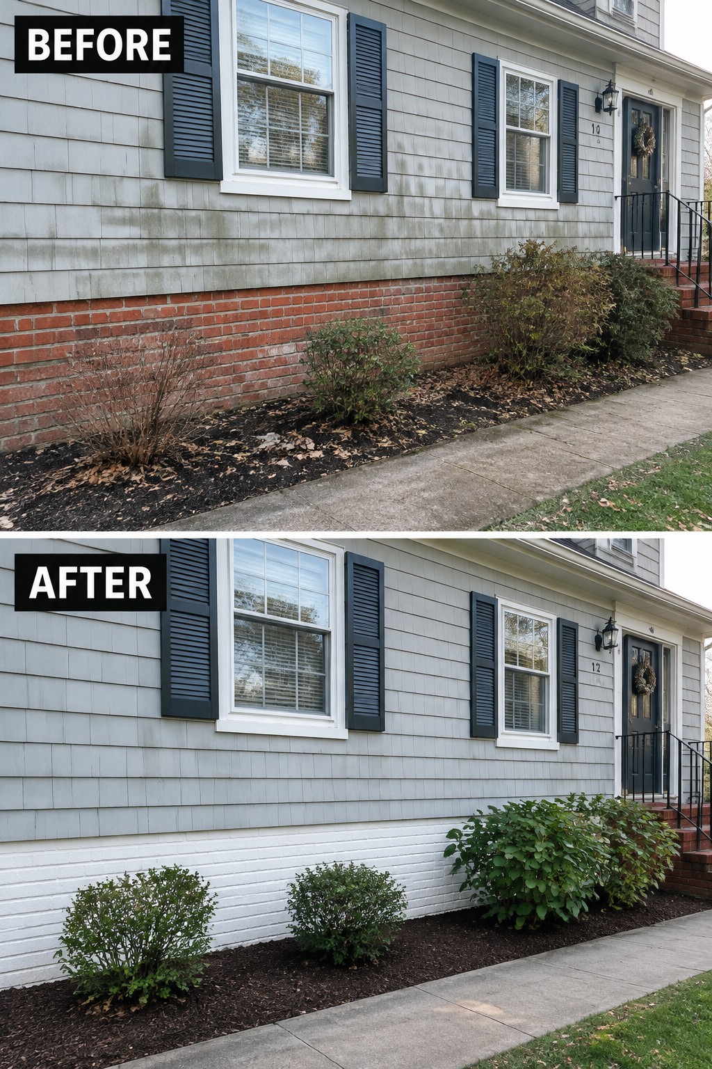 Before and after of house with cleaned siding, painted foundation, and new landscaping.