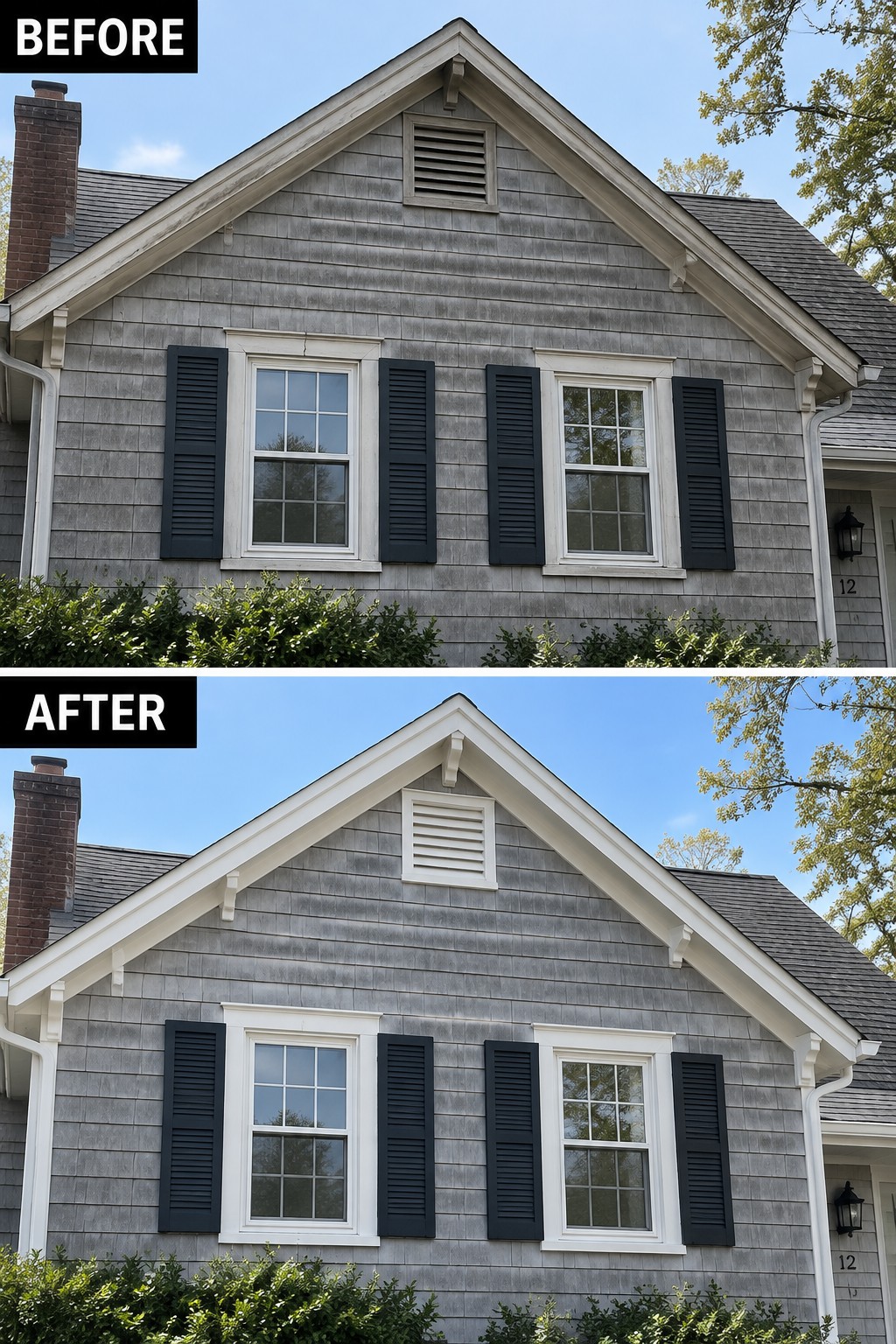 Before and after of gray house with freshly painted white trim and shutters