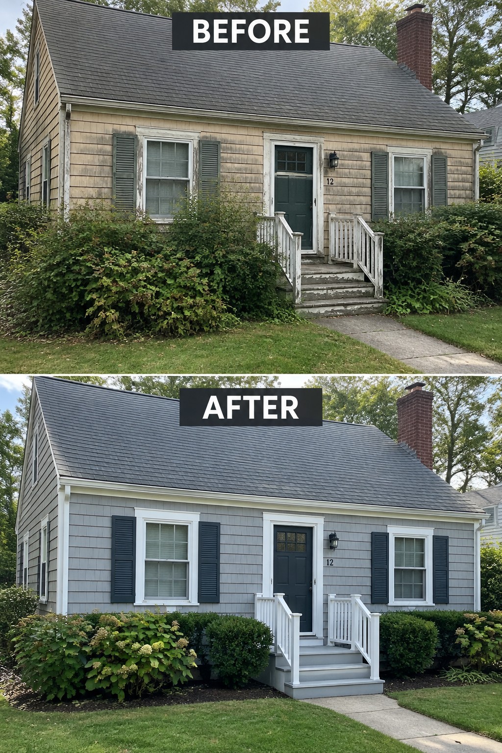 Before and after house exterior with new gray siding, white trim, and landscaping.