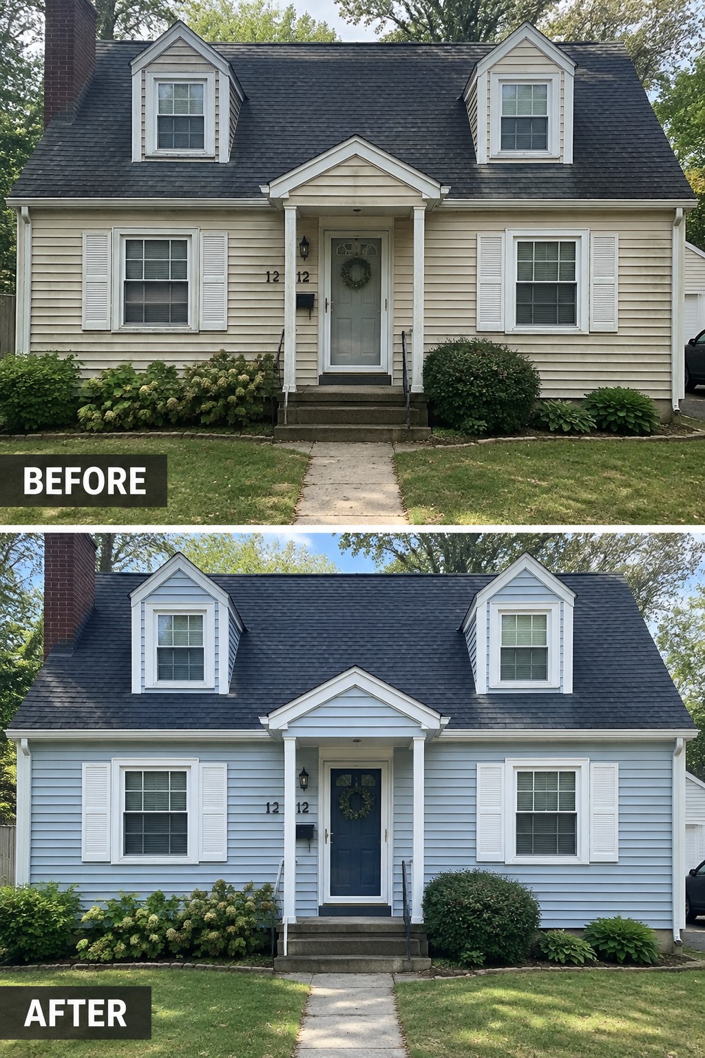 Before-and-after image of a Cape Cod style house with beige siding and light door updated to light blue-gray siding and dark blue door.