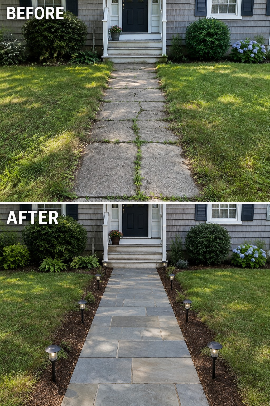 Before-and-after image of a cracked concrete walkway replaced with stone pavers and lined with solar lights.