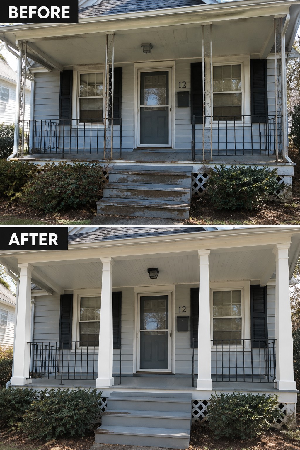 Before and after of house porch with new white columns and fresh paint
