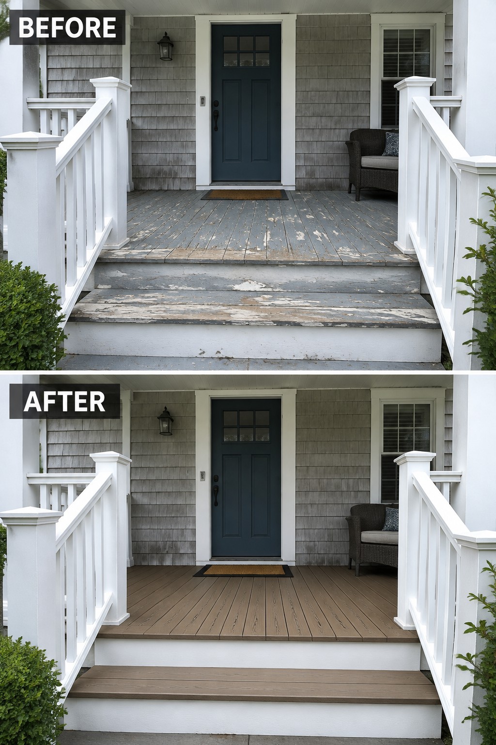 Before and after of a porch with peeling gray deck restored to brown wood.