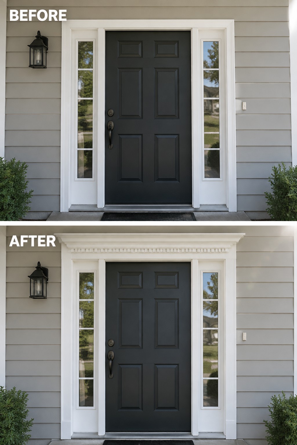 Before and after of black door with added ornate white pediment above