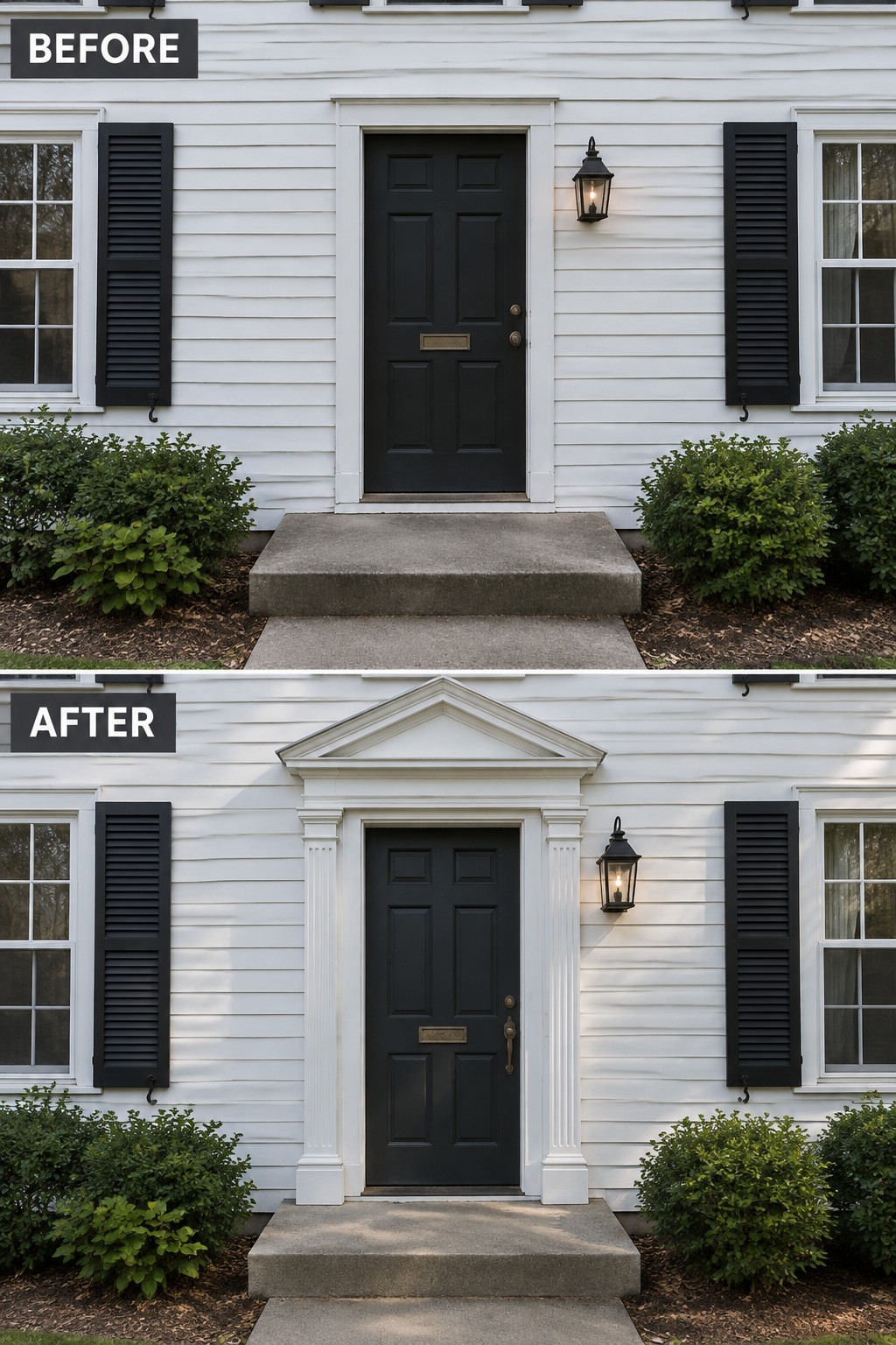 Before and after of white house black door with added white columns and pediment.