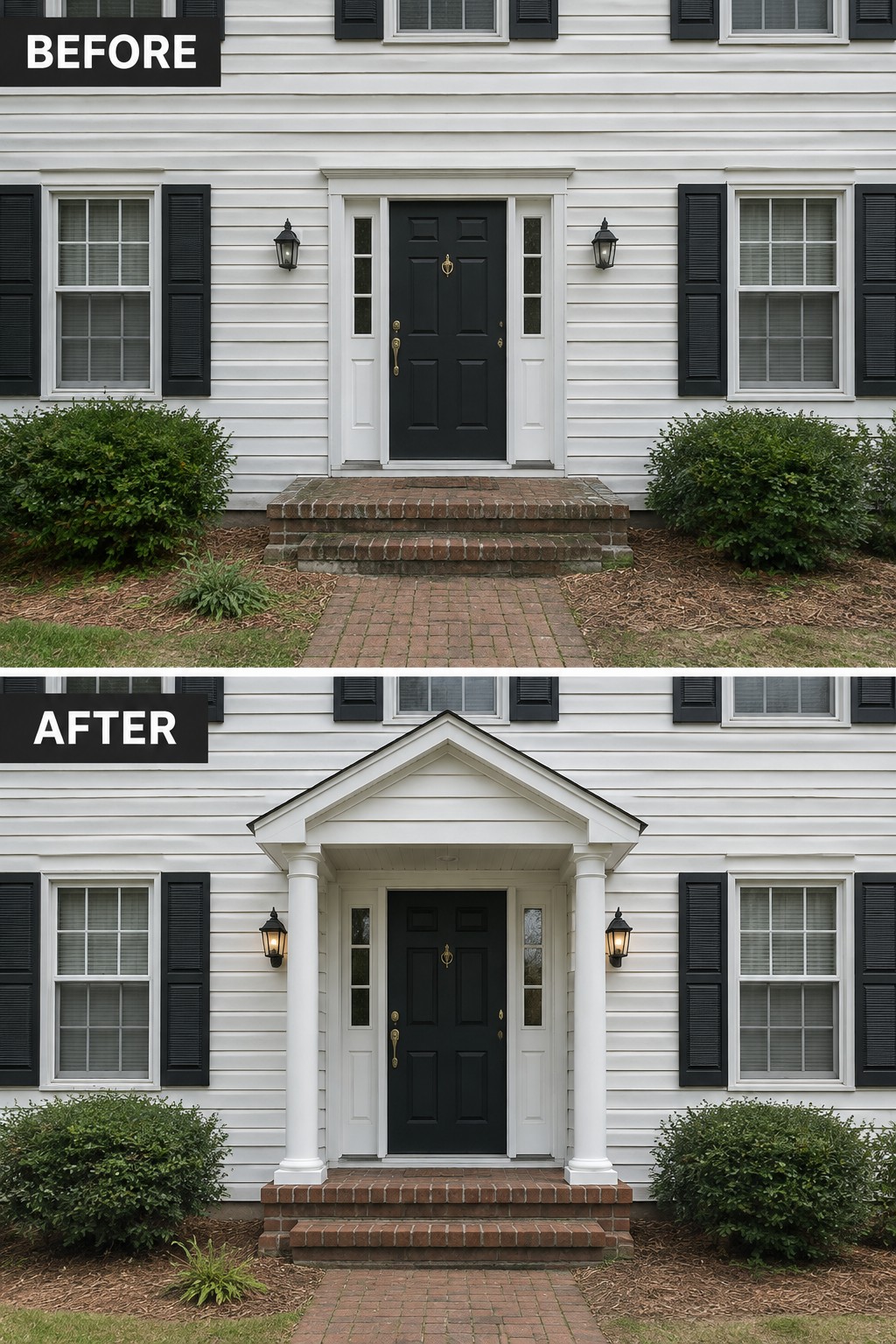 Before and after of white house entrance with black door and added columned portico.