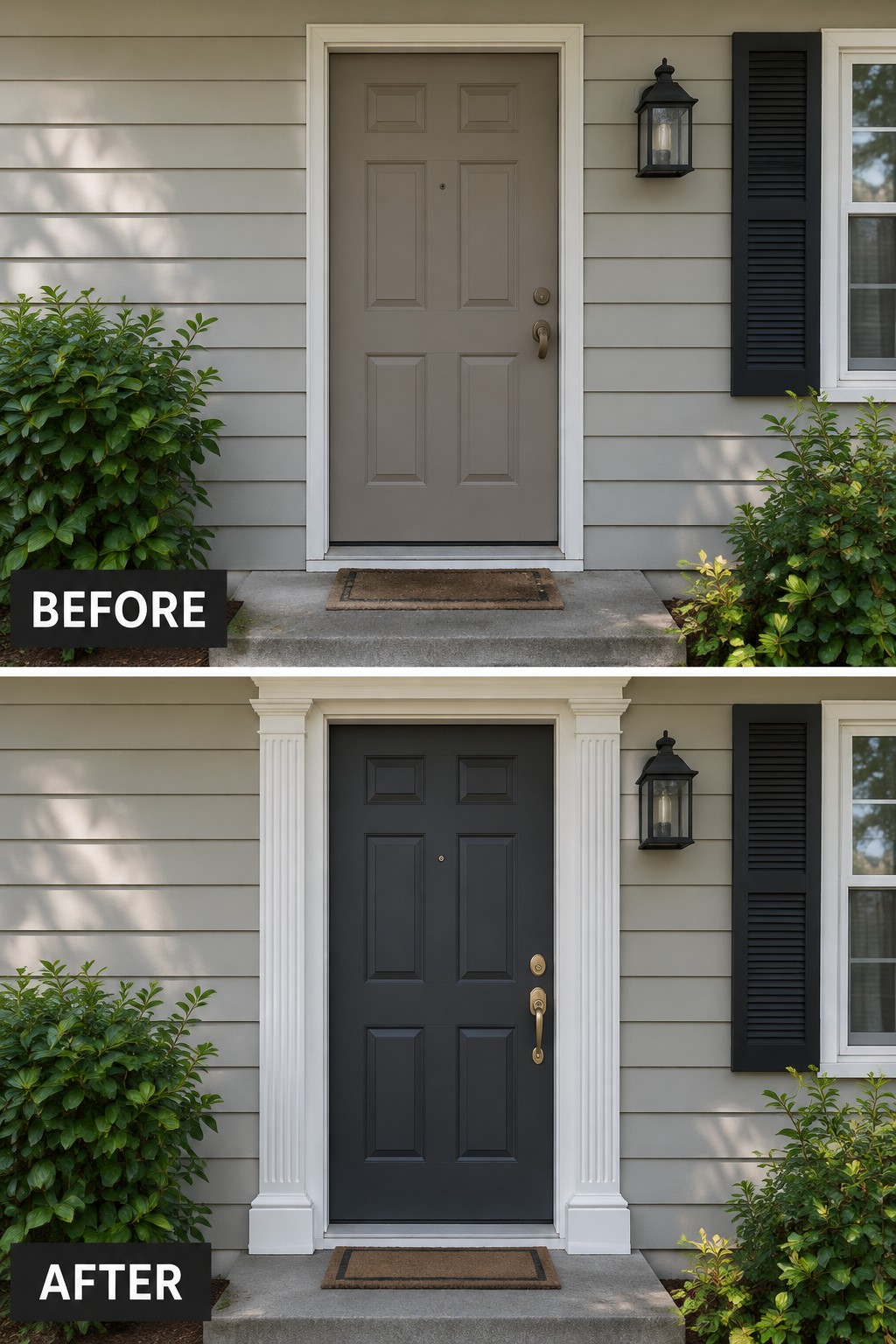 Before-and-after image of a front entry updated with a darker door and white columns flanking the doorway.