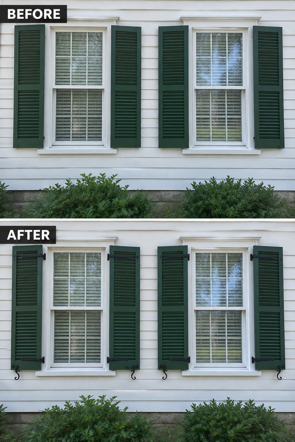 Before and after of green shutters on white windows with added black hardware