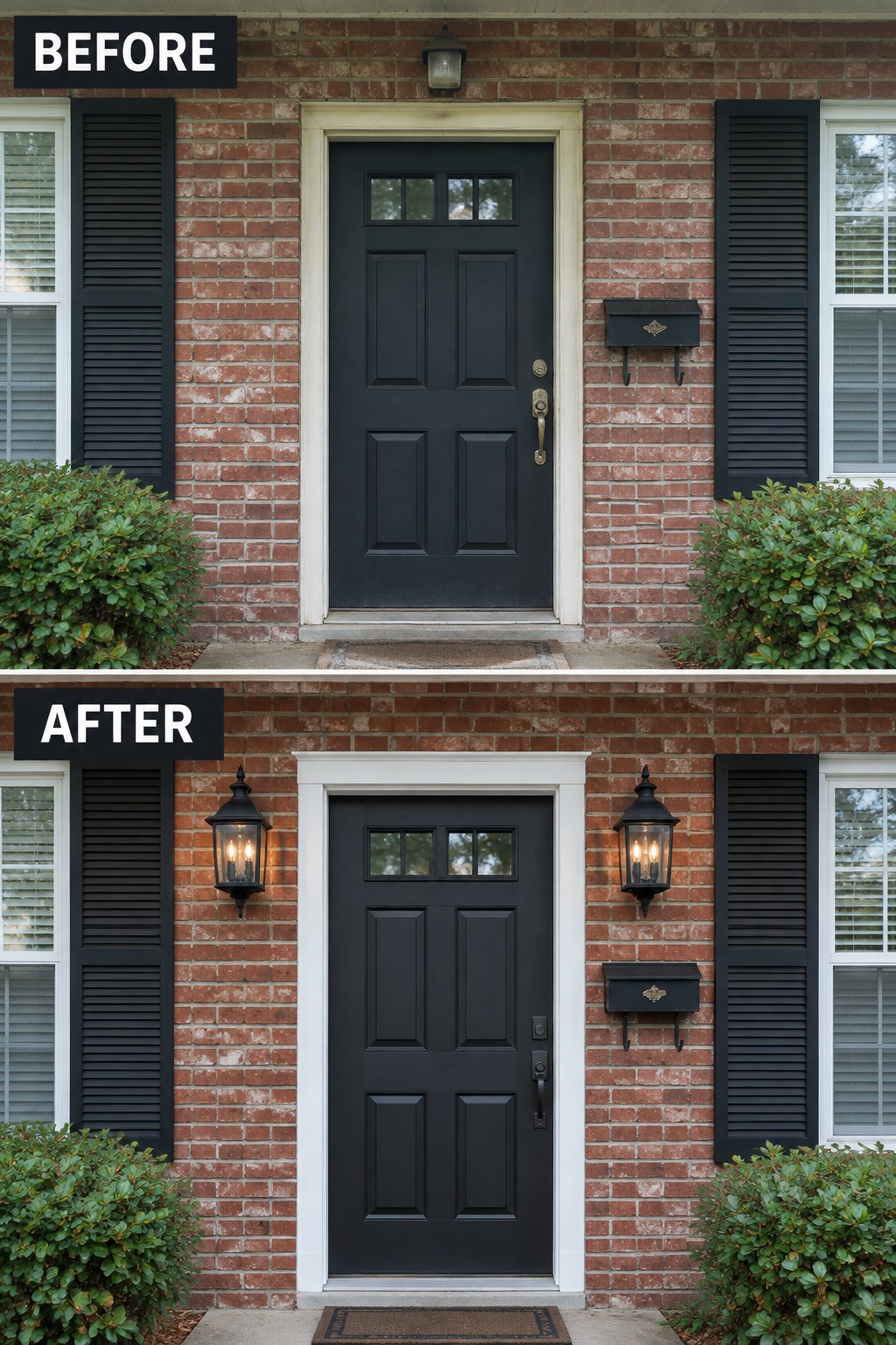 Before-and-after image of a brick colonial front entry updated with black lanterns mounted on both sides of the door.