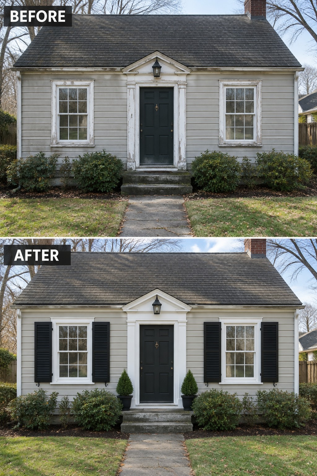 Before and after views of house with added black shutters and potted plants.