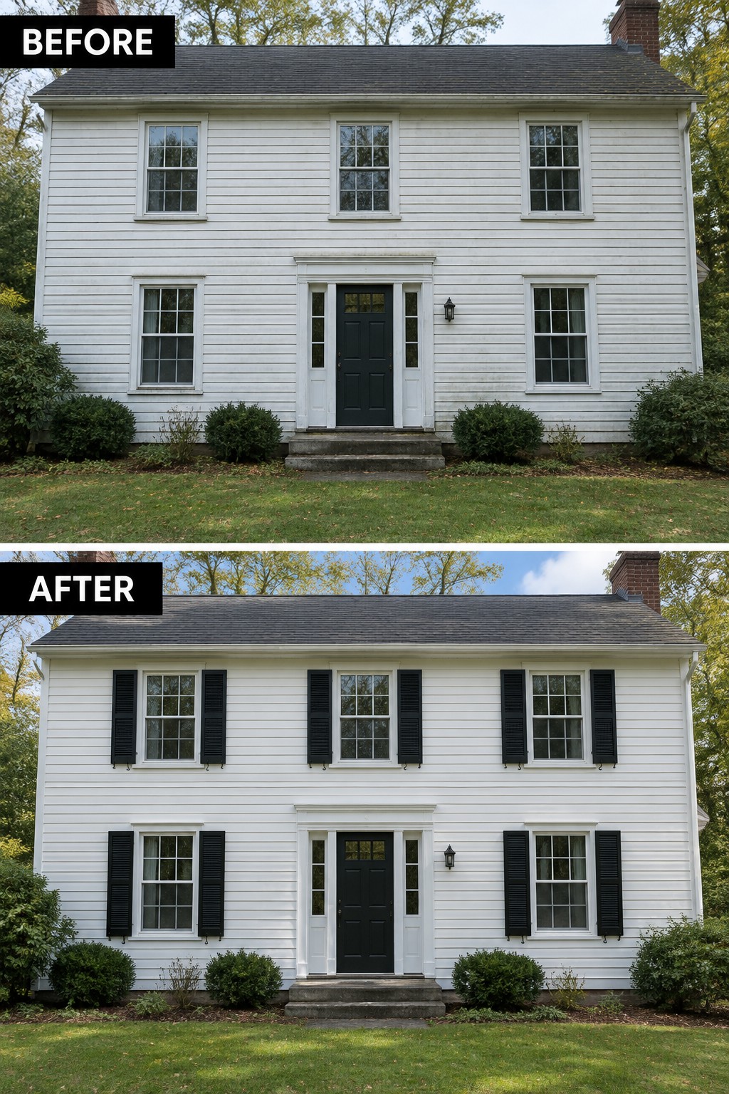 Before-and-after image of a white colonial house exterior with black shutters added to all windows.