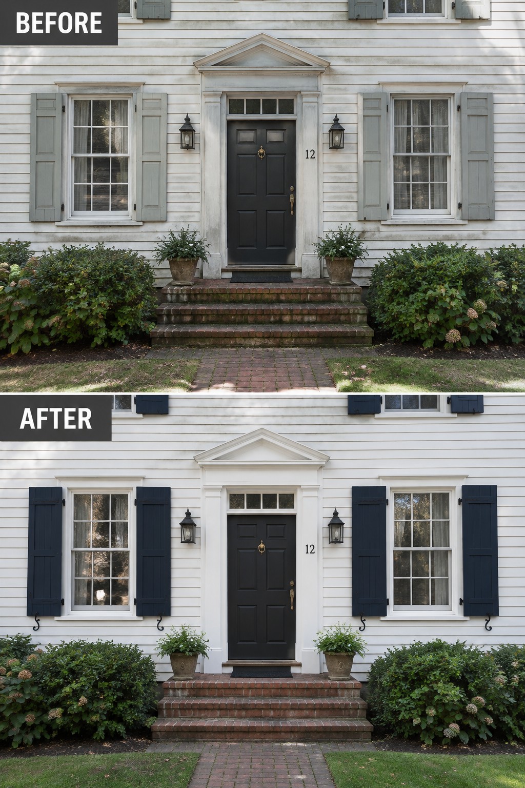 Before-and-after image of a colonial house exterior showing light gray shutters and weathered trim changed to dark navy shutters with fresh white trim.