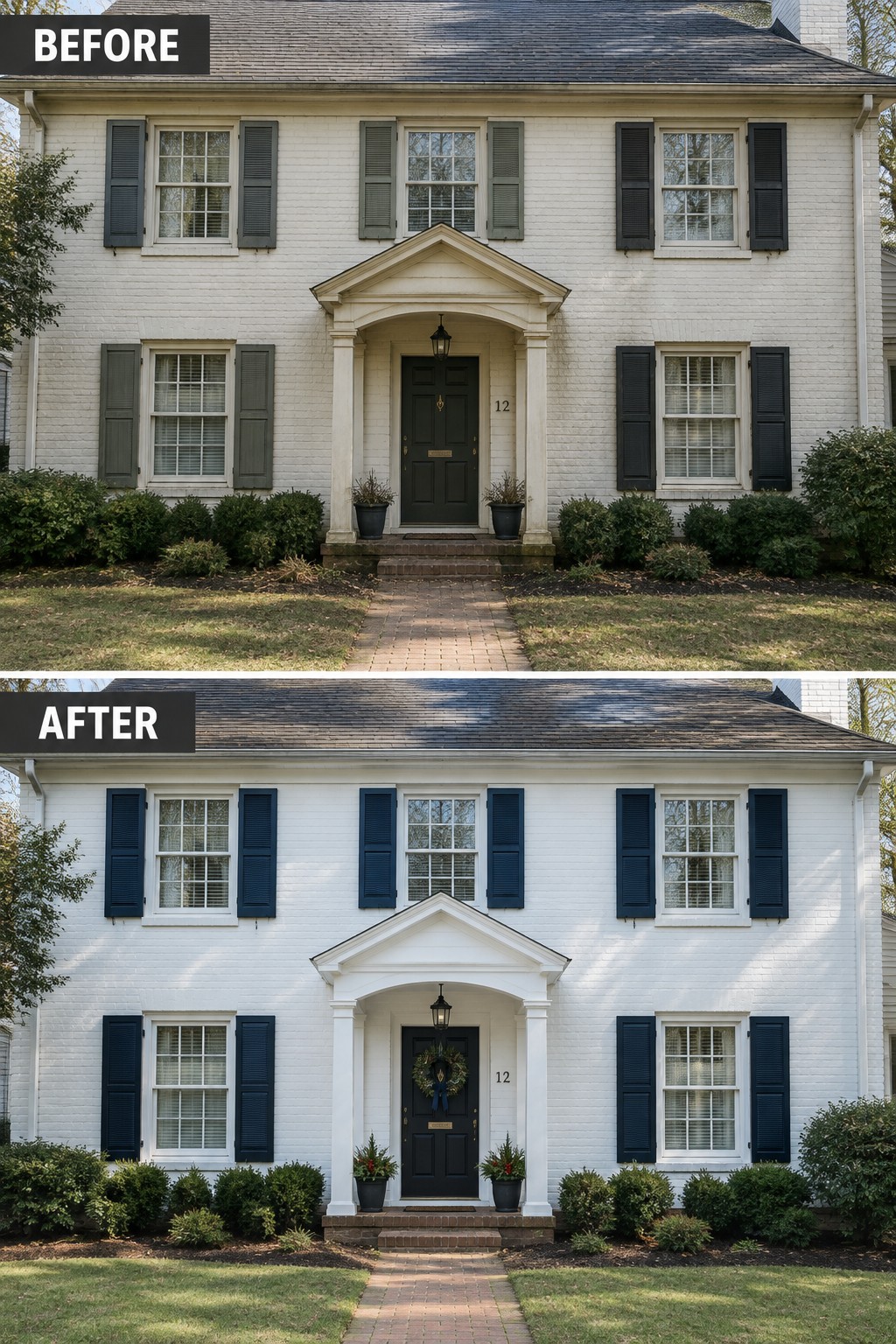 Before and after of white brick house with navy shutters and holiday wreath added.