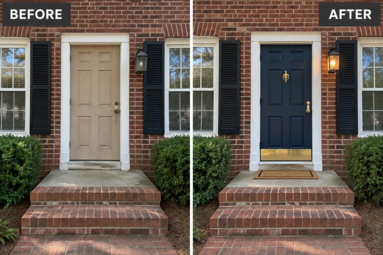 Before and after of brick house entrance with door changed from beige to navy blue