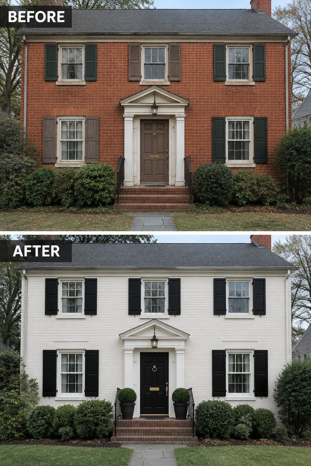 Before and after of brick house painted white with black shutters and door.