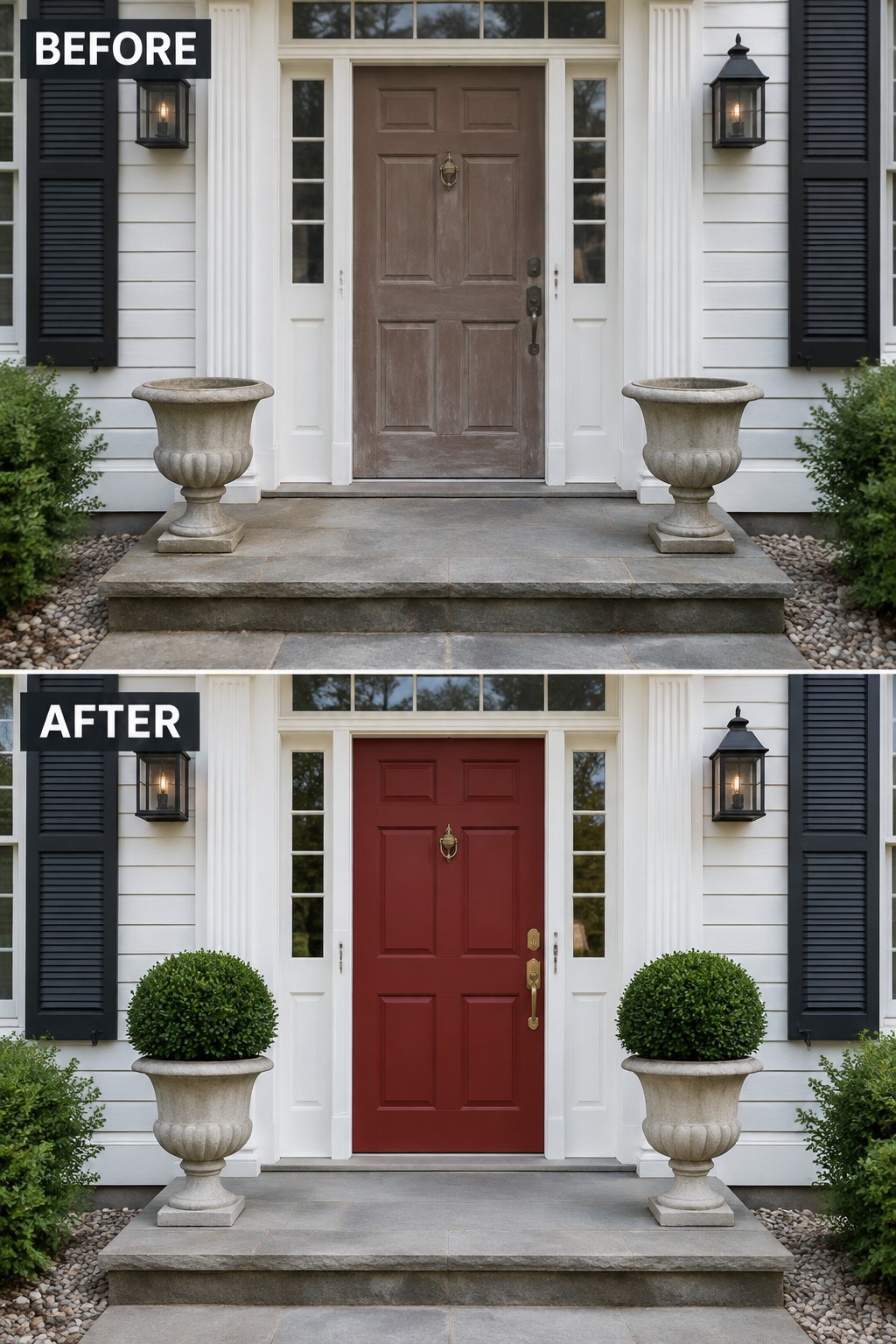 Before-and-after image of a colonial home front entry showing the door changed from brown to red with the stone urns filled with round green shrubs.