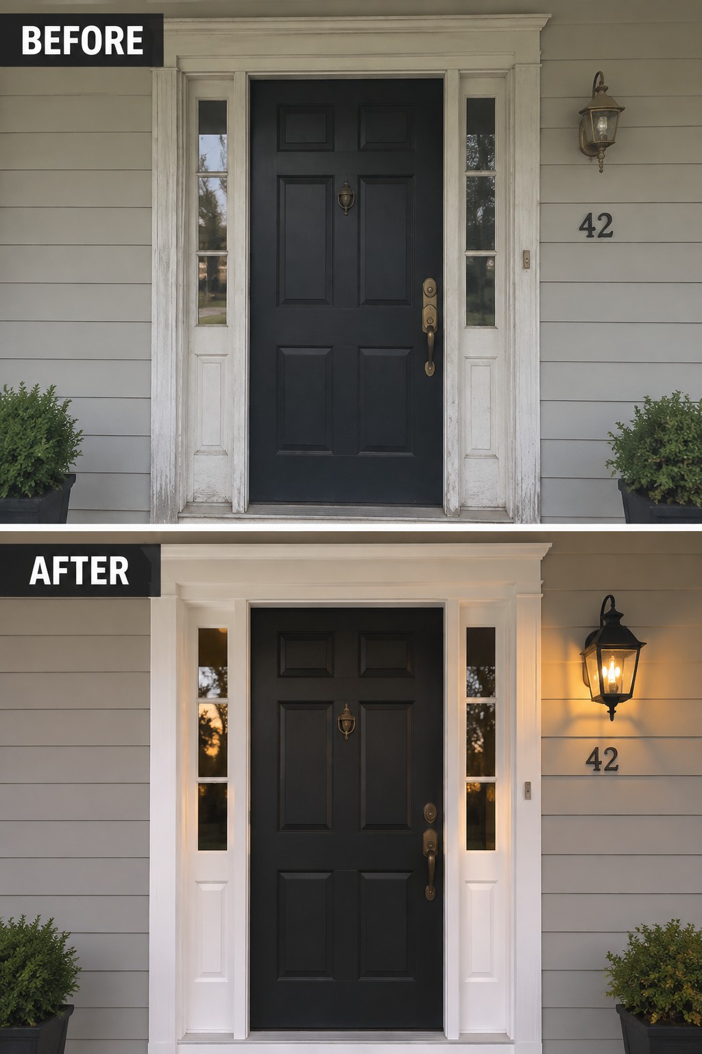Before and after of black door with white trim and glowing lantern.