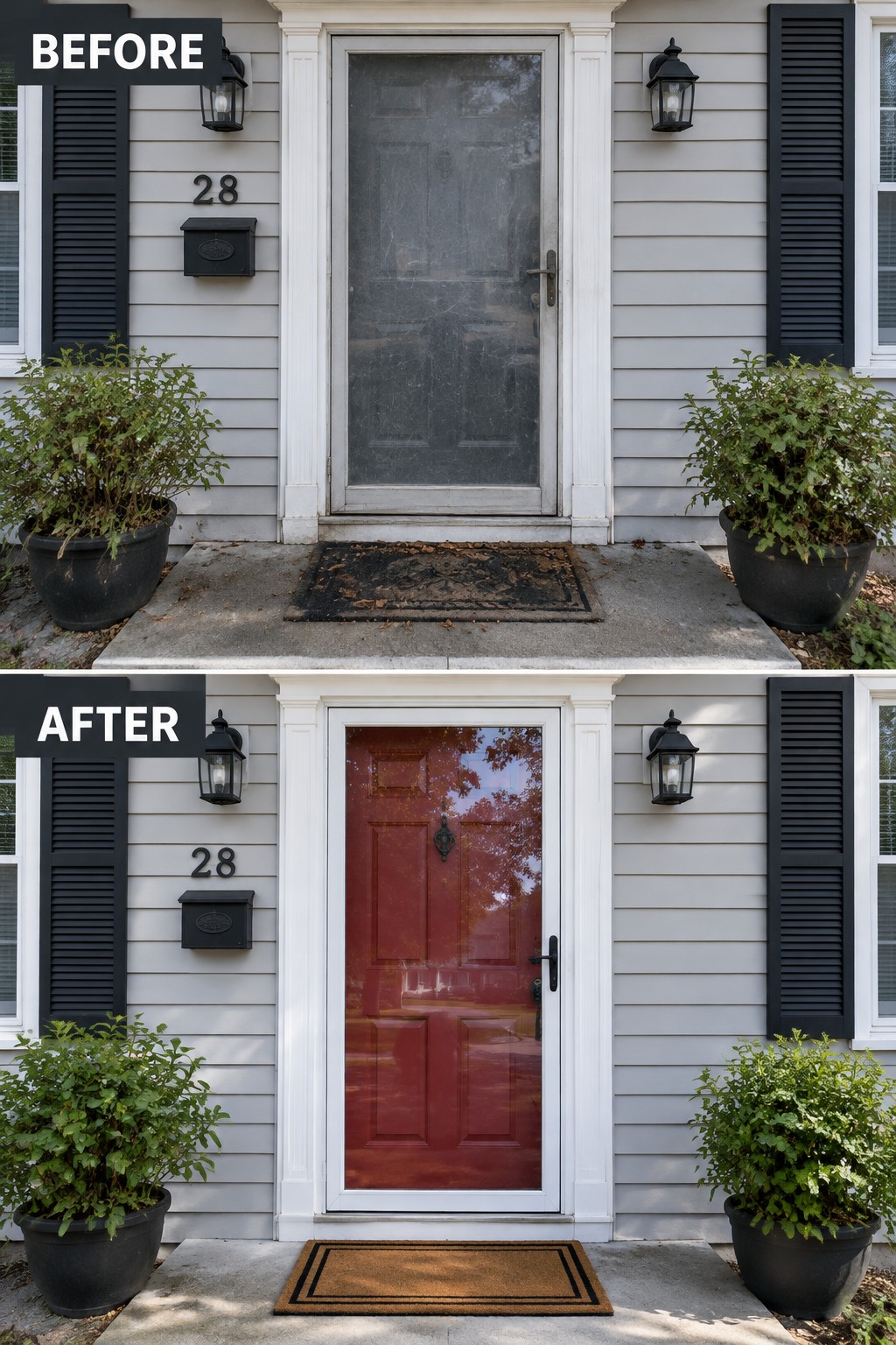 Before-and-after image of a colonial home entry showing a worn screen door replaced by a solid red front door and a new doormat.