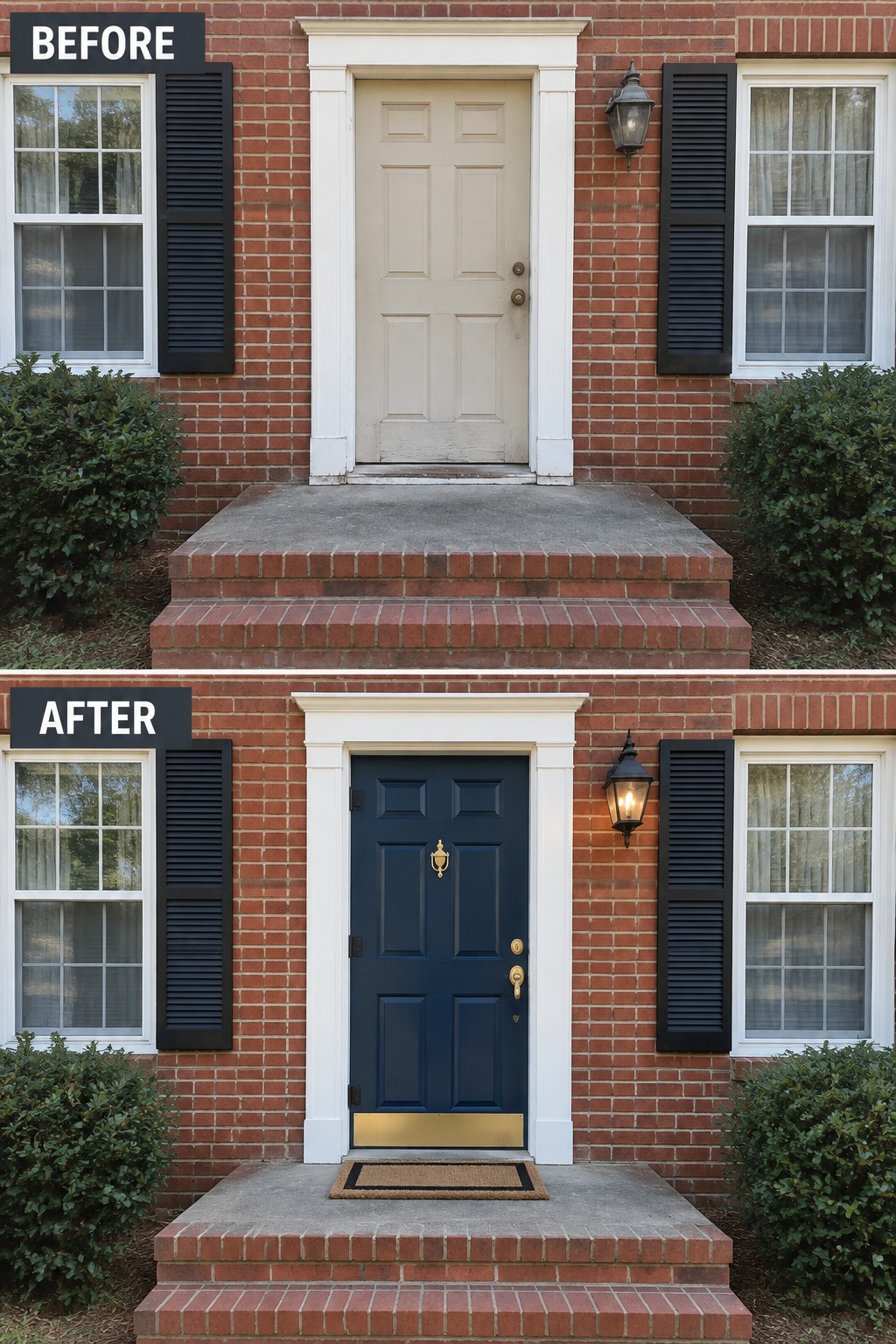 Before and after of brick house entrance with door changed from beige to navy blue