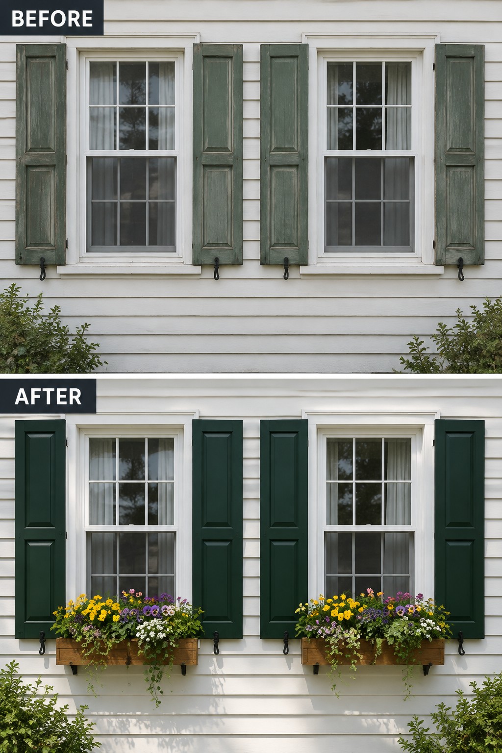 Before-and-after house windows with dark green shutters and colorful flower boxes added