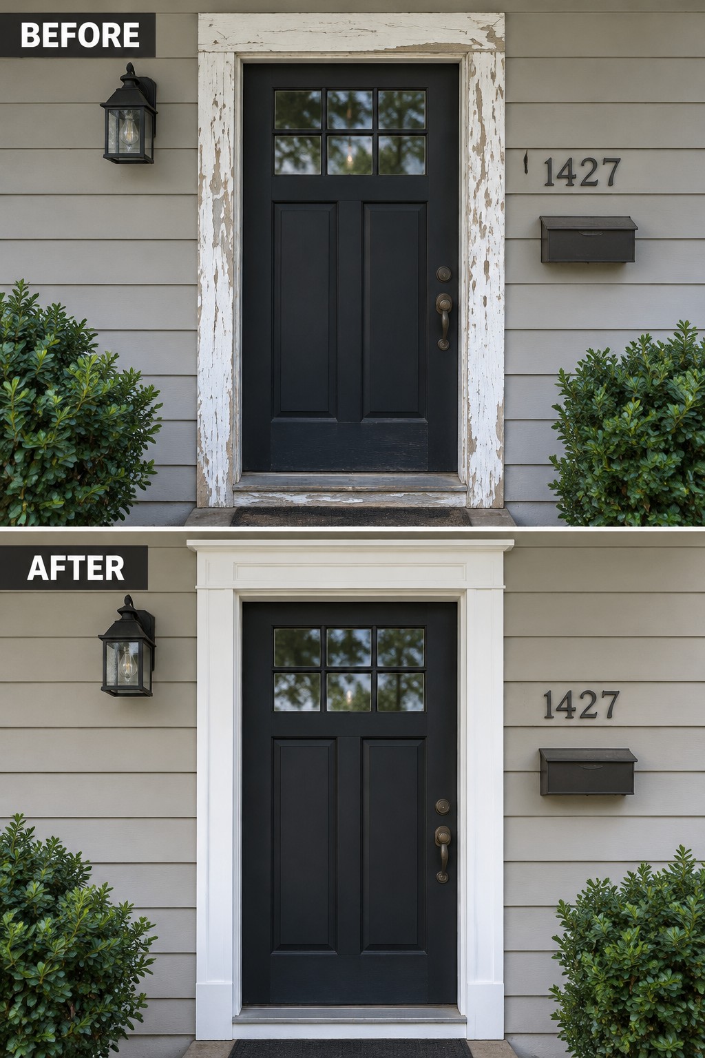 Before and after of black door with peeling vs fresh white trim on gray house.