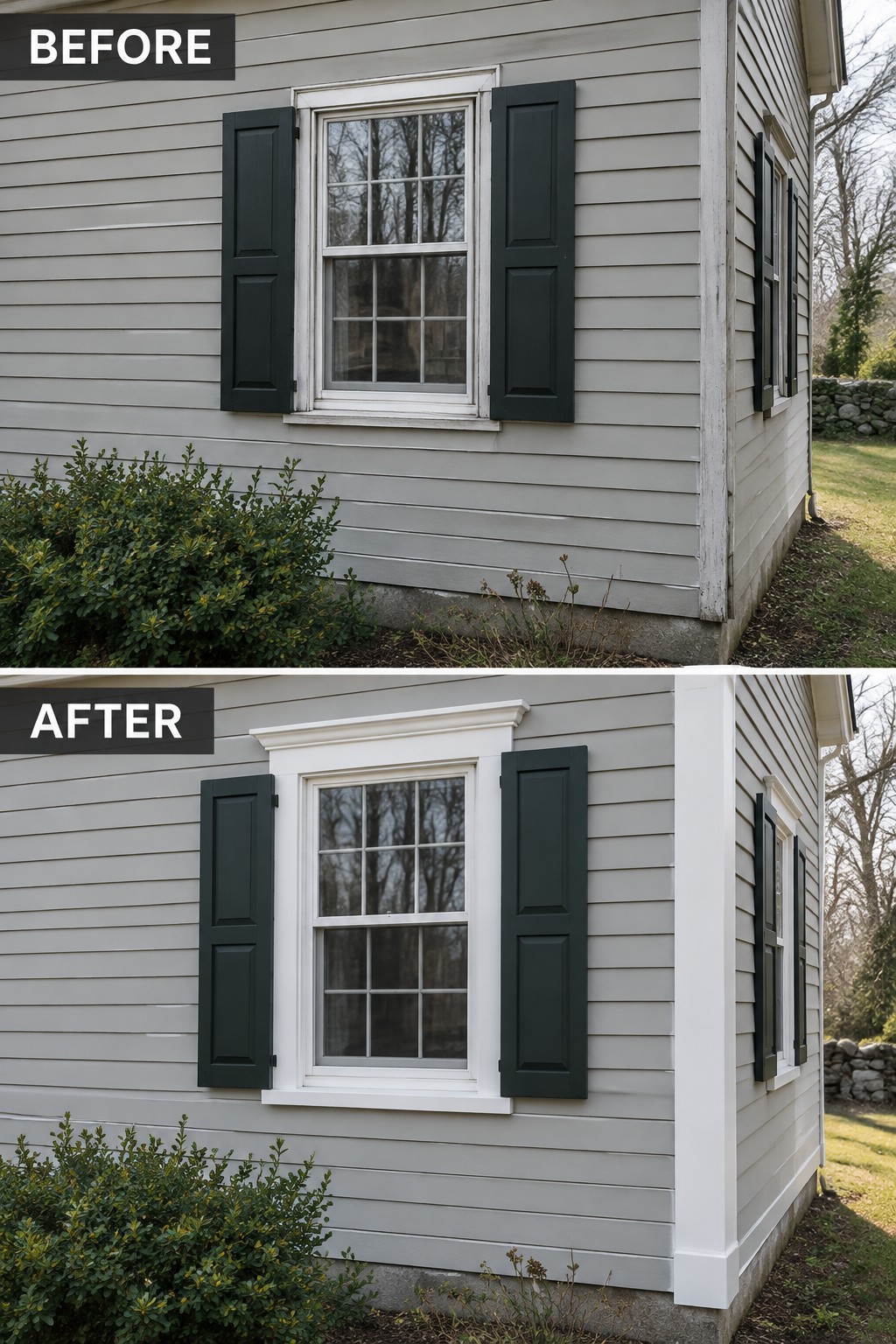 Before-and-after comparison of window with dark shutters on gray house siding.