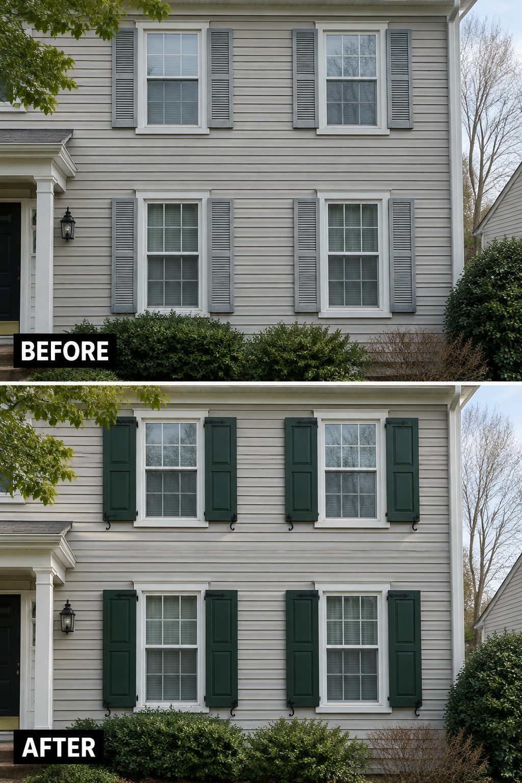 Before and after view of house with gray shutters changed to dark green