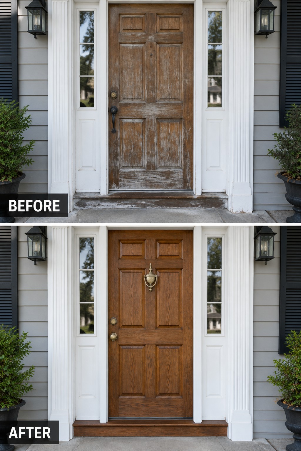 Before and after of faded wooden door restored to polished finish with brass hardware