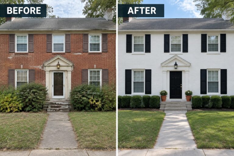 18 Beautiful Colonial Facade Renovations Featuring Painted Brick Before-and-after view of brick house painted white with black shutters and trimmed landscaping.