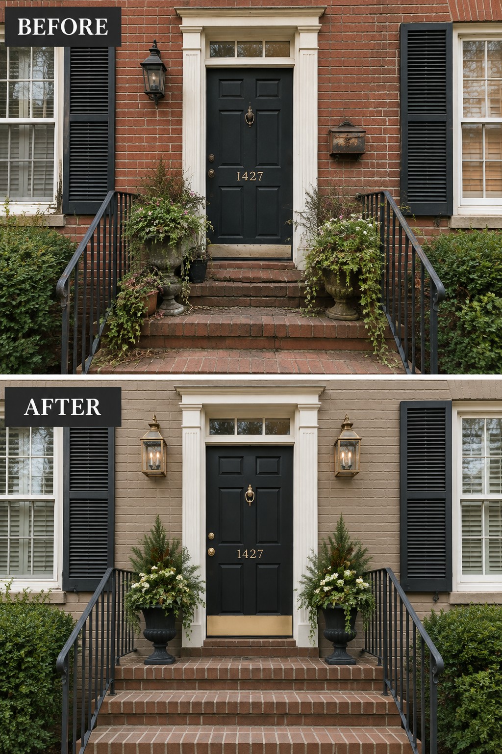 Before-and-after brick house entrance: red facade with overgrown plants, then beige with neat planters and new lights.