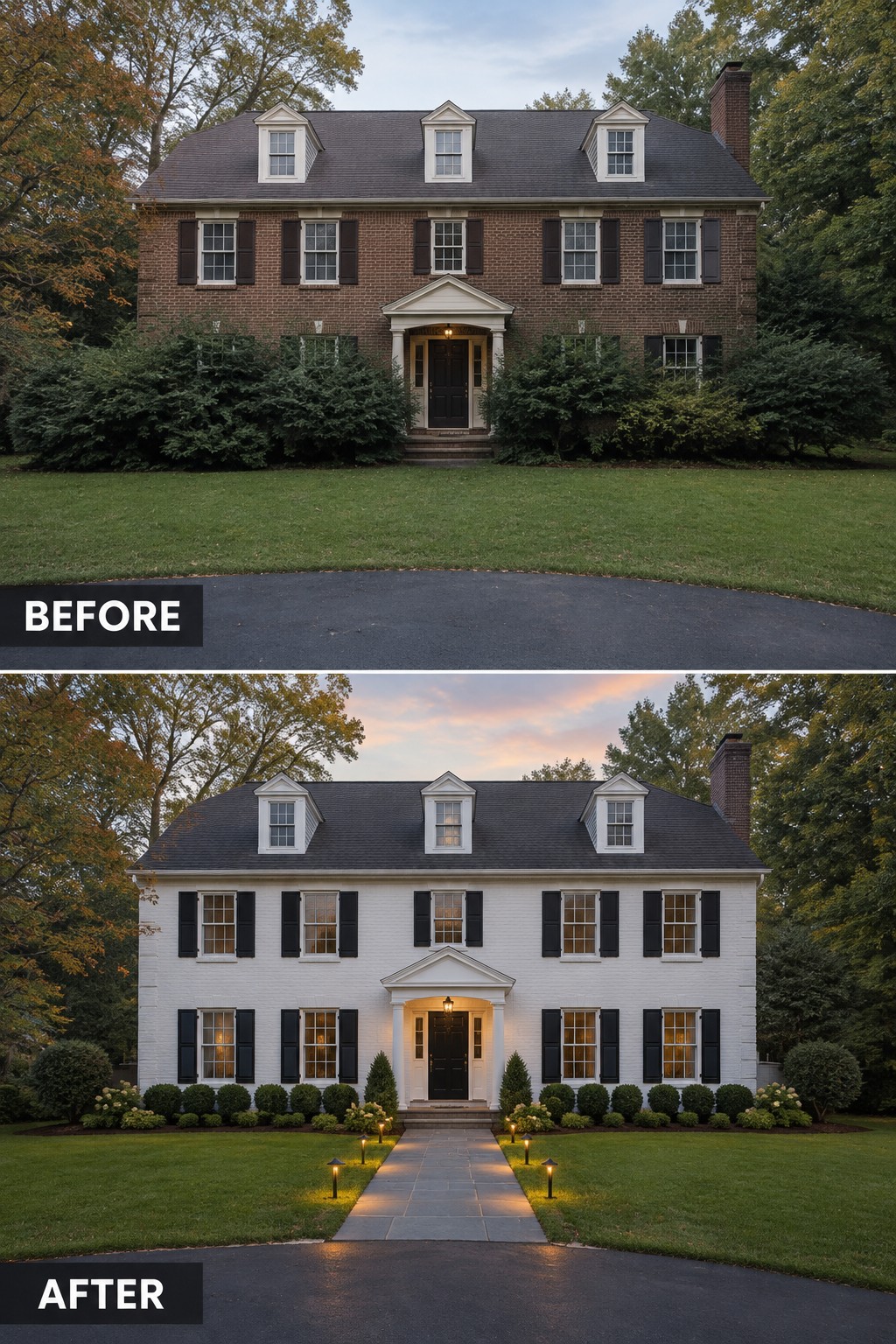 Before-and-after of brick house painted white with new landscaping and lit walkway