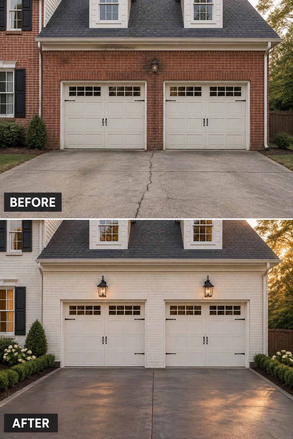 Before and after of red brick house painted white with new driveway and lights