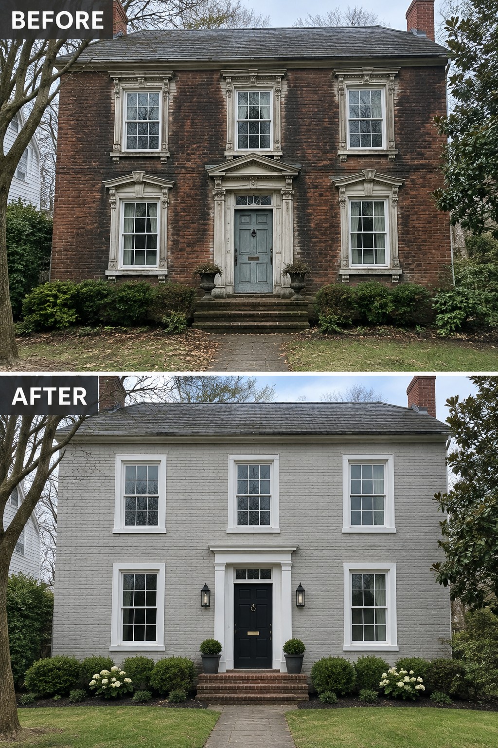 Before-and-after image of a colonial brick house facade painted light gray with updated white trim and a black front door.