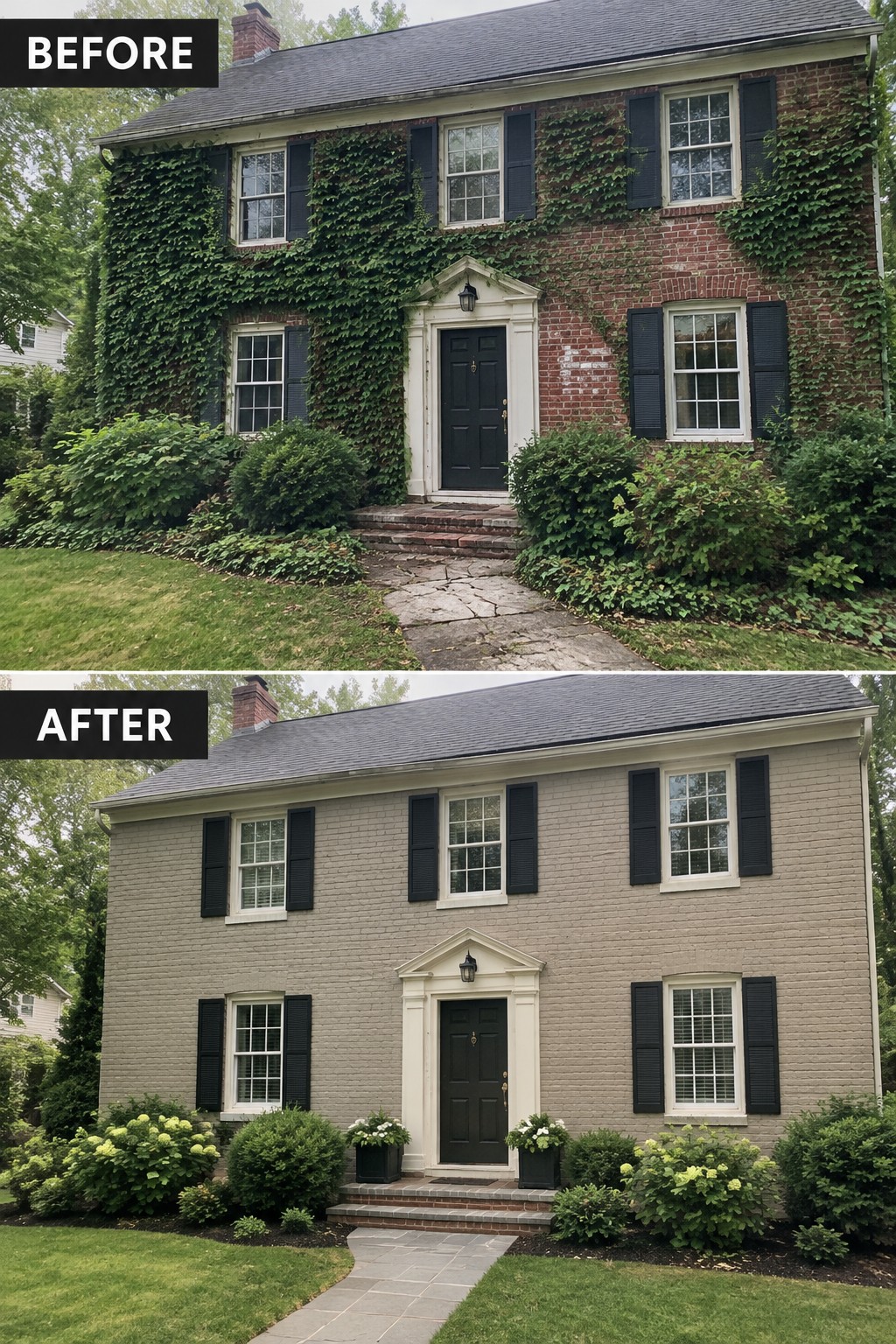 Before and after of brick house with ivy removed and exterior painted gray.