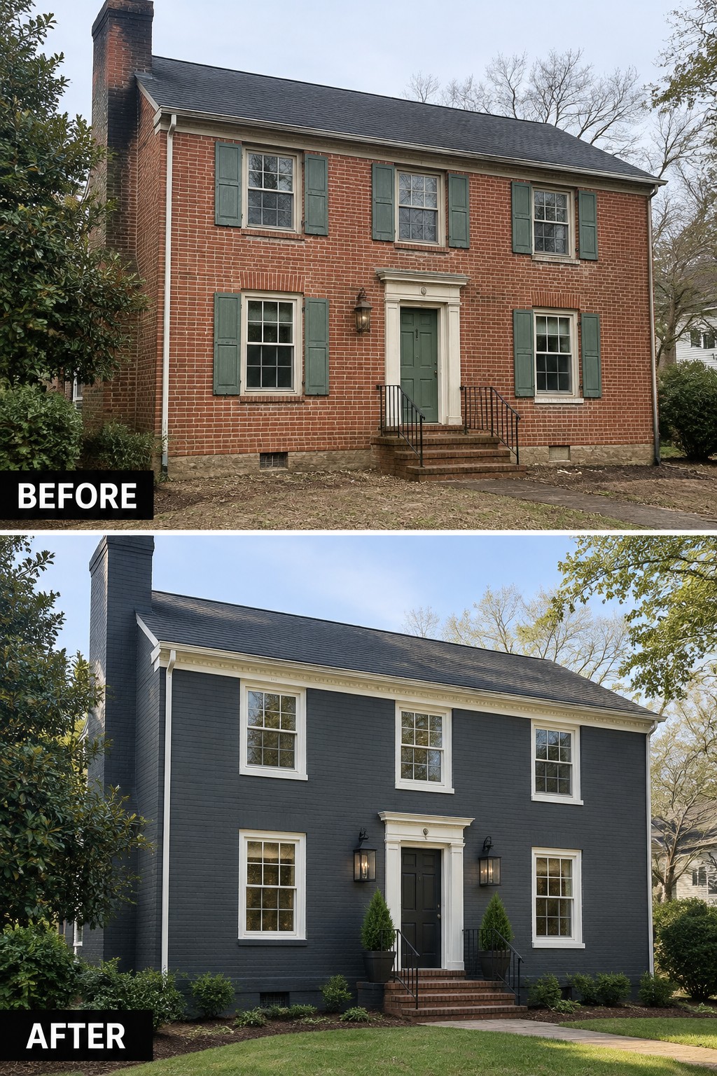 Before-and-after view of brick house repainted dark gray with white trim and landscaping.