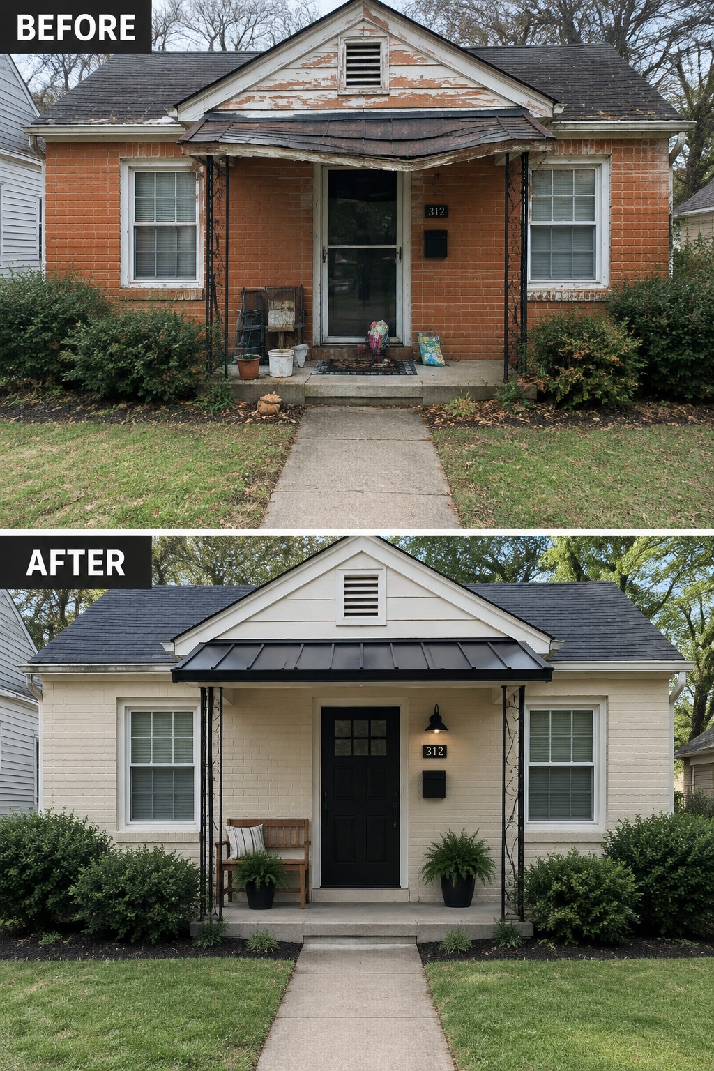 Before-and-after views of brick house painted white with new black porch roof