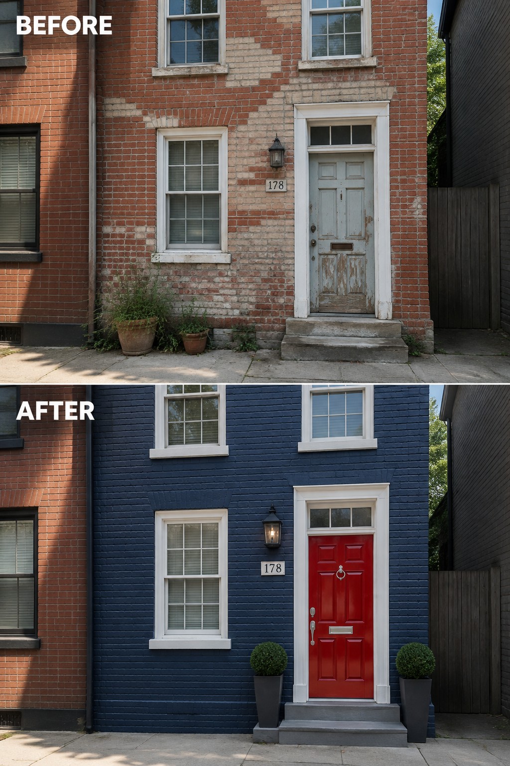 Before and after of brick rowhouse painted navy blue with red door