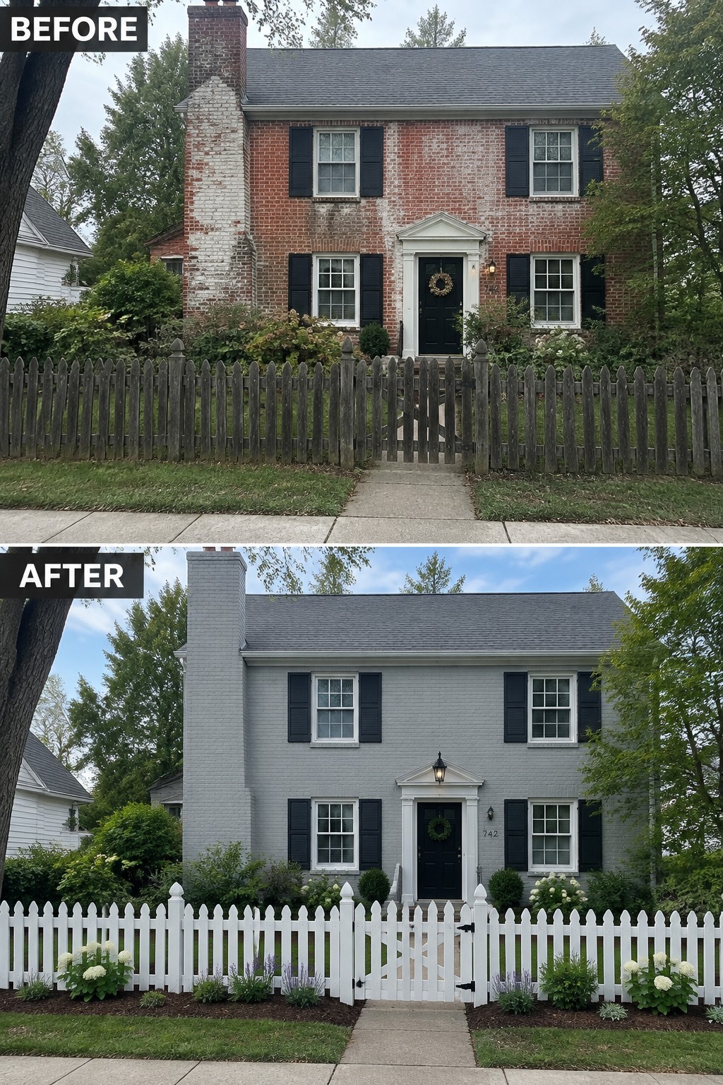 Before and after of brick house painted gray with new white picket fence.