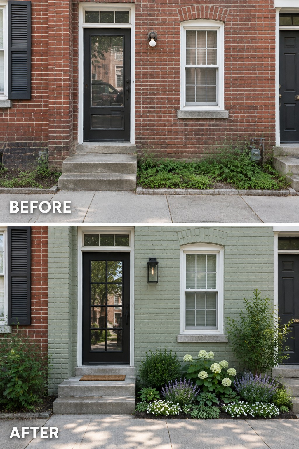 Before and after of brick house entrance repainted green with flower garden and shrubs