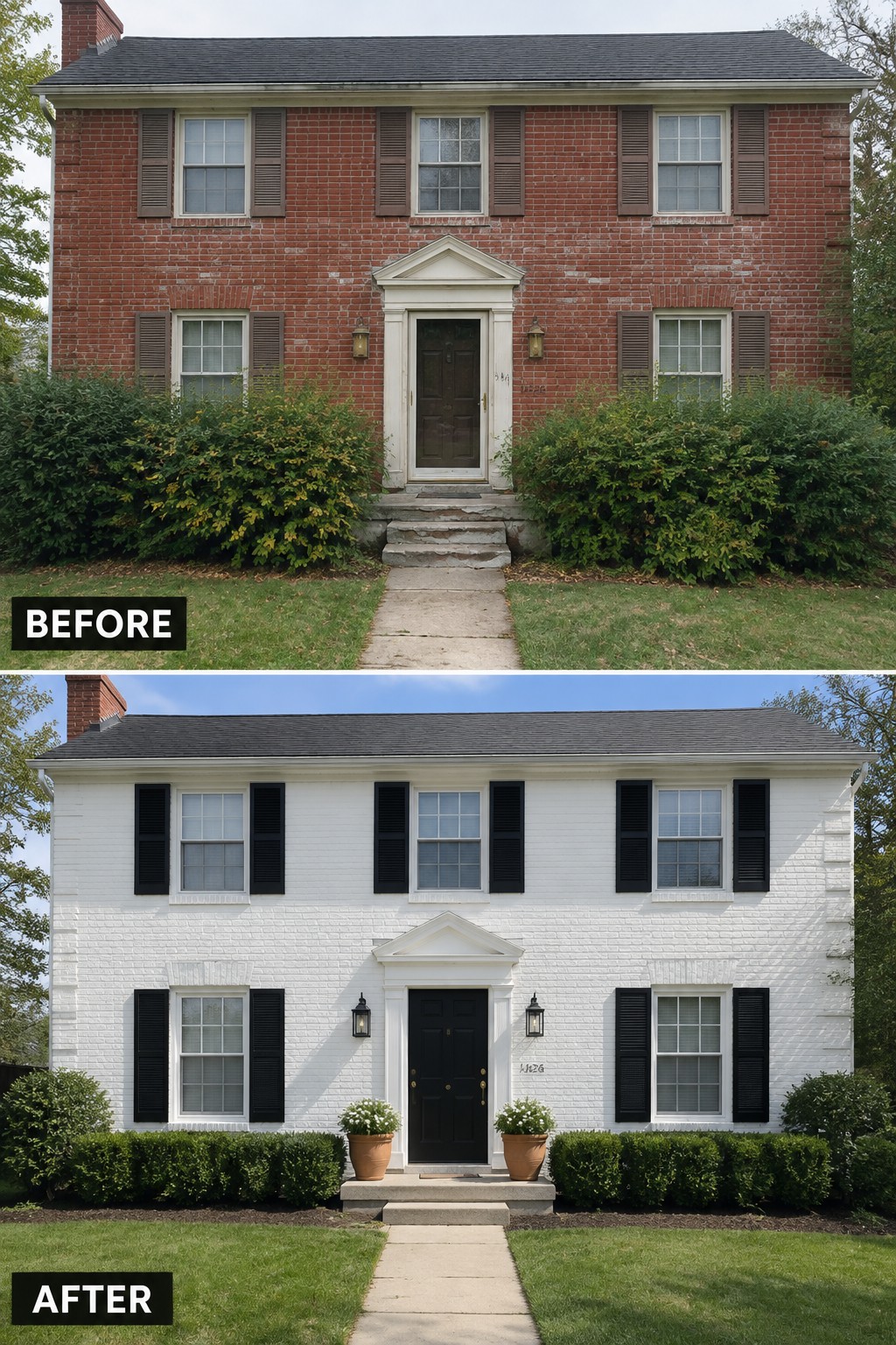 Before-and-after view of brick house painted white with black shutters and trimmed landscaping.