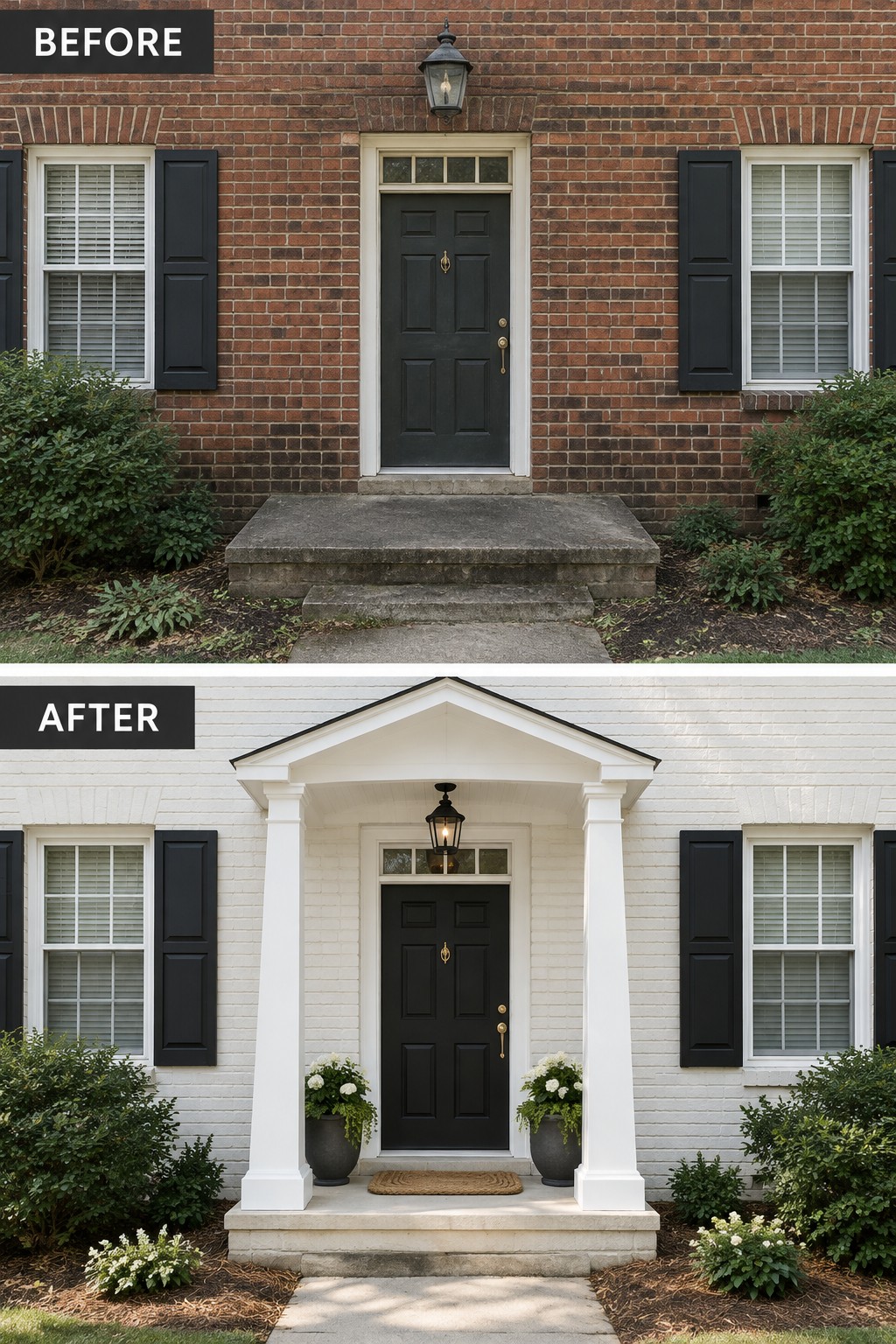 Before brick facade door and after white portico with columns plus potted plants.