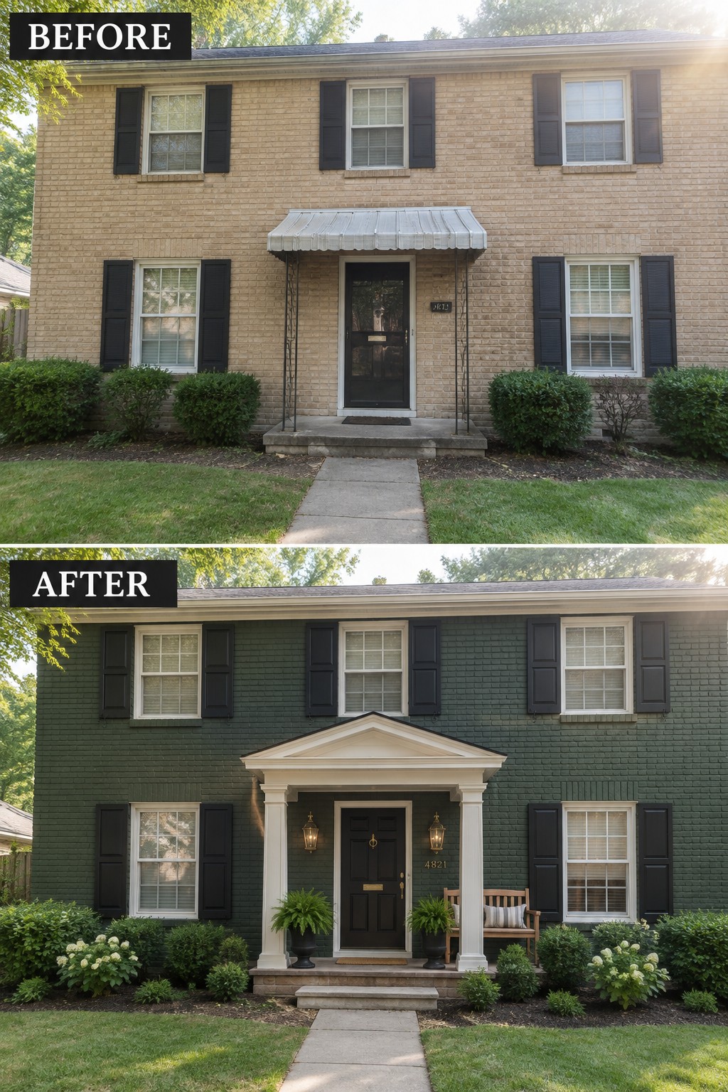 Before-and-after house renovation: beige brick with metal awning transformed to dark green with white portico.
