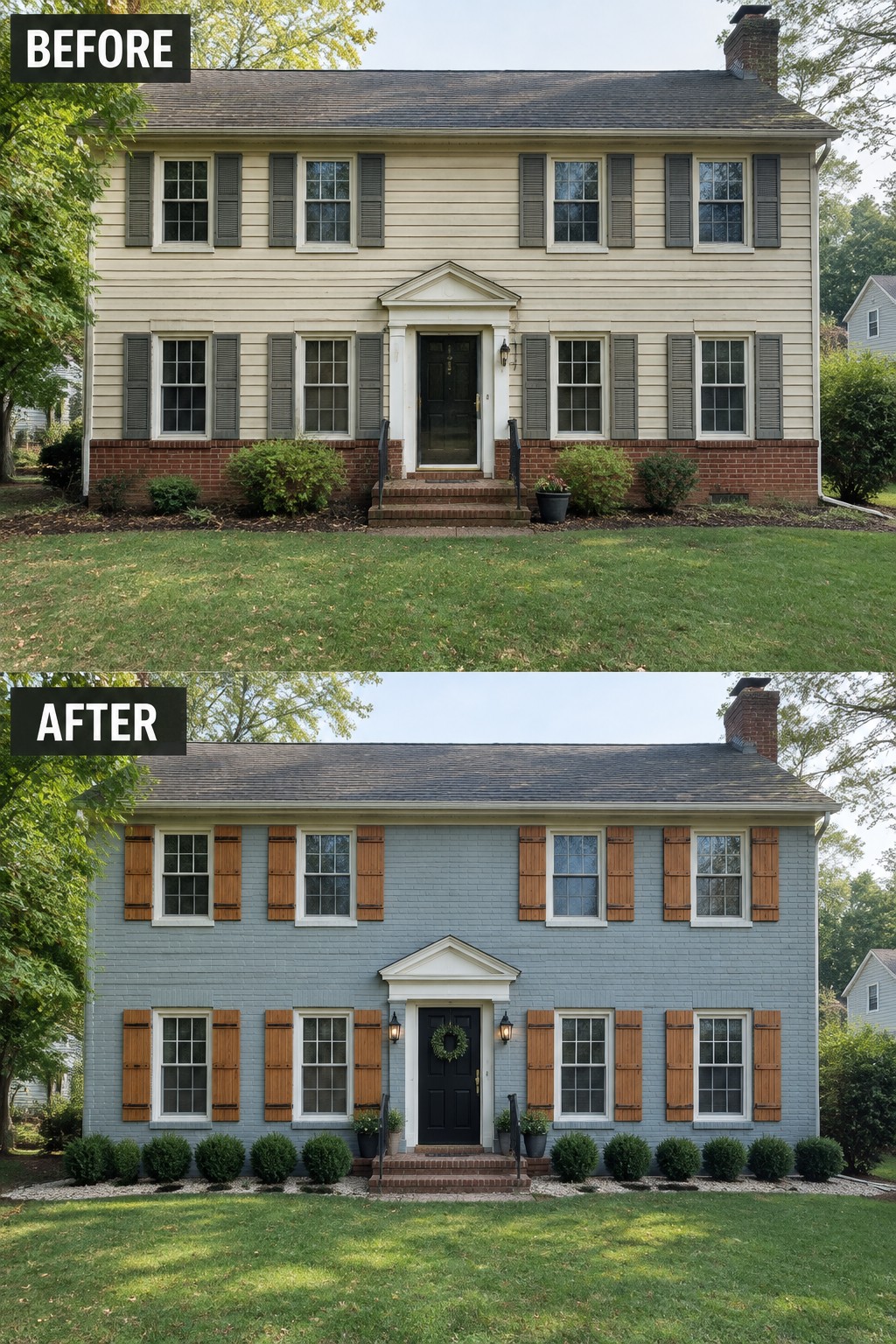 Before-and-after two-story house with beige-to-blue siding, brown shutters, and updated landscaping.