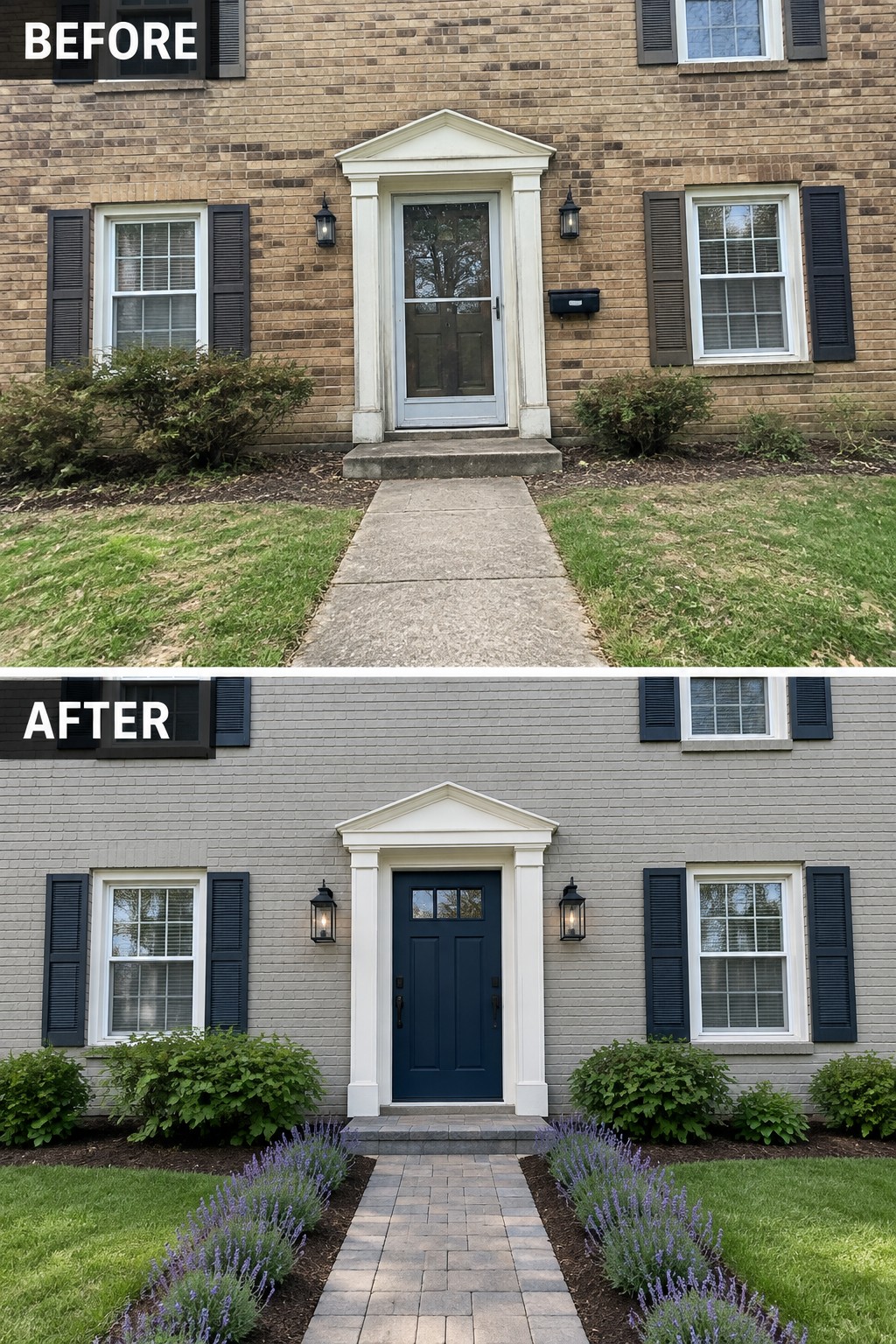 Before and after of painted gray brick house with navy door and lavender landscaping.