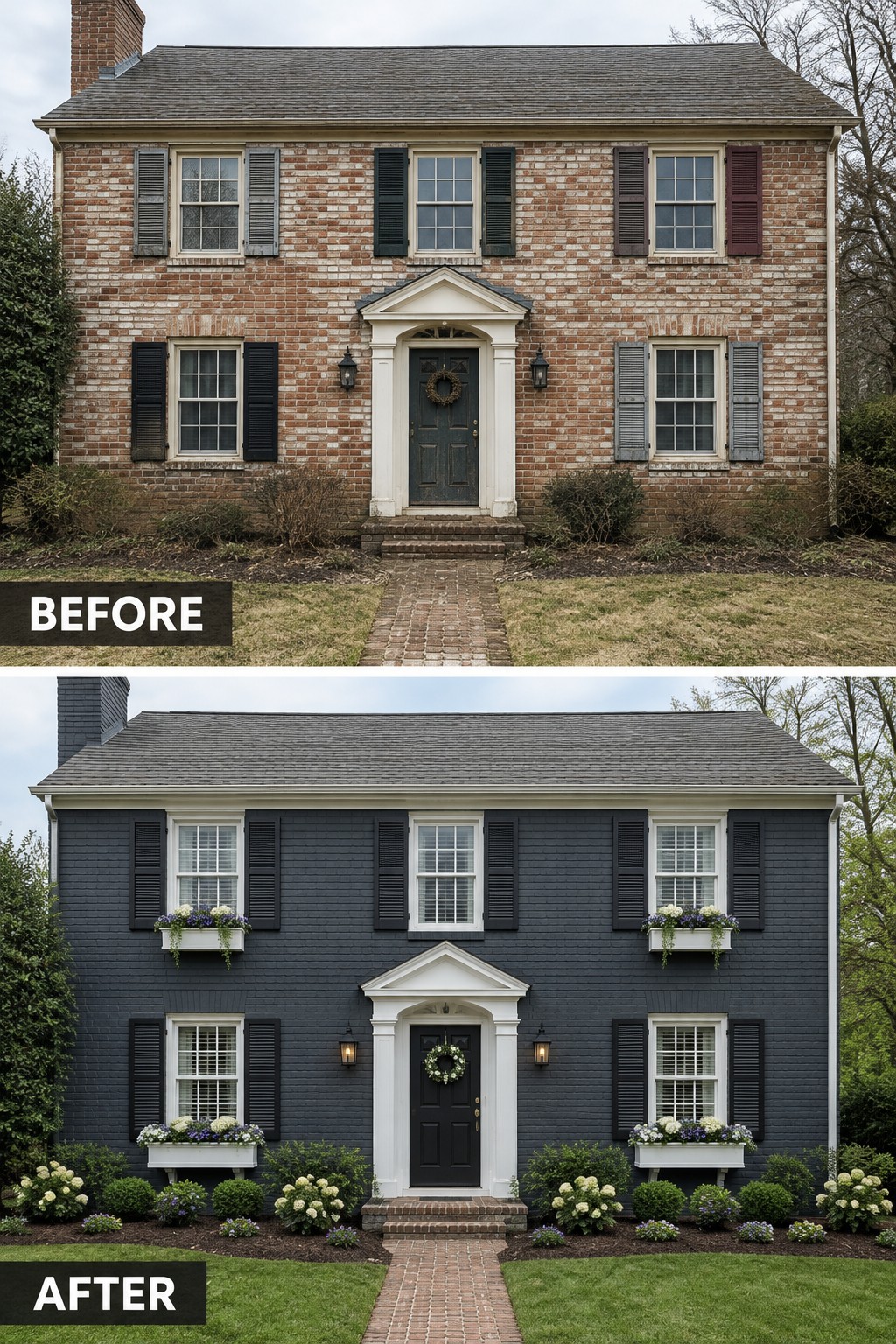 Before-and-after image of a brick colonial house with the facade painted dark gray, shutters unified in black, and added window boxes with landscaping updates.