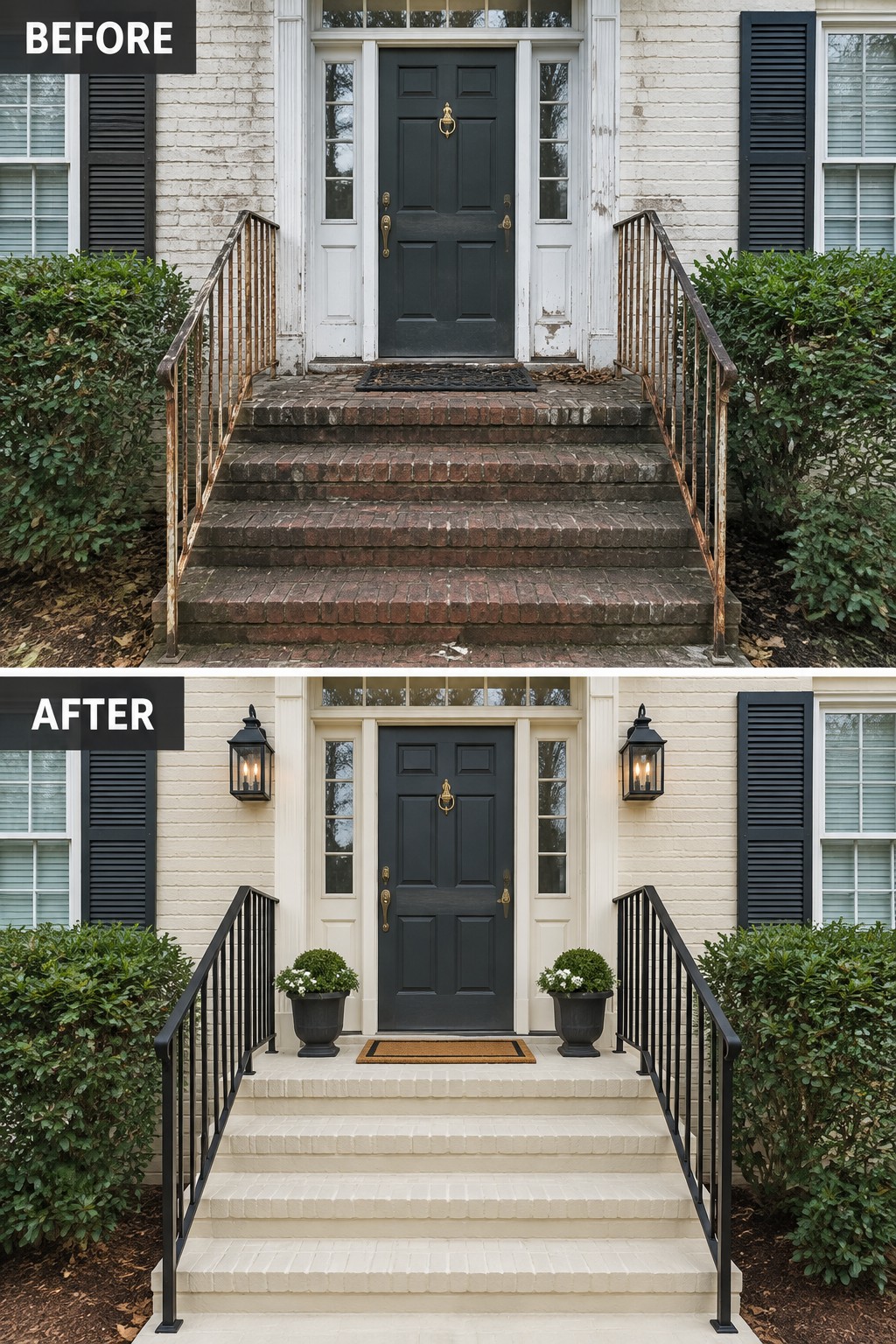 Before-and-after image of a colonial home front entry with rusty railings and worn steps changed to black railings, painted light steps, wall lanterns, and potted plants.