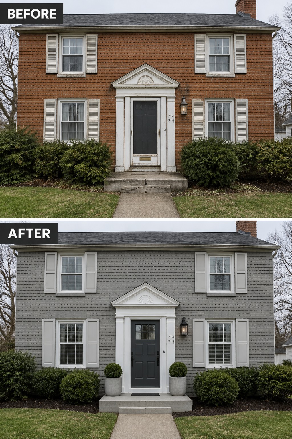 Before-and-after house exterior renovation from red brick to gray siding with new planters